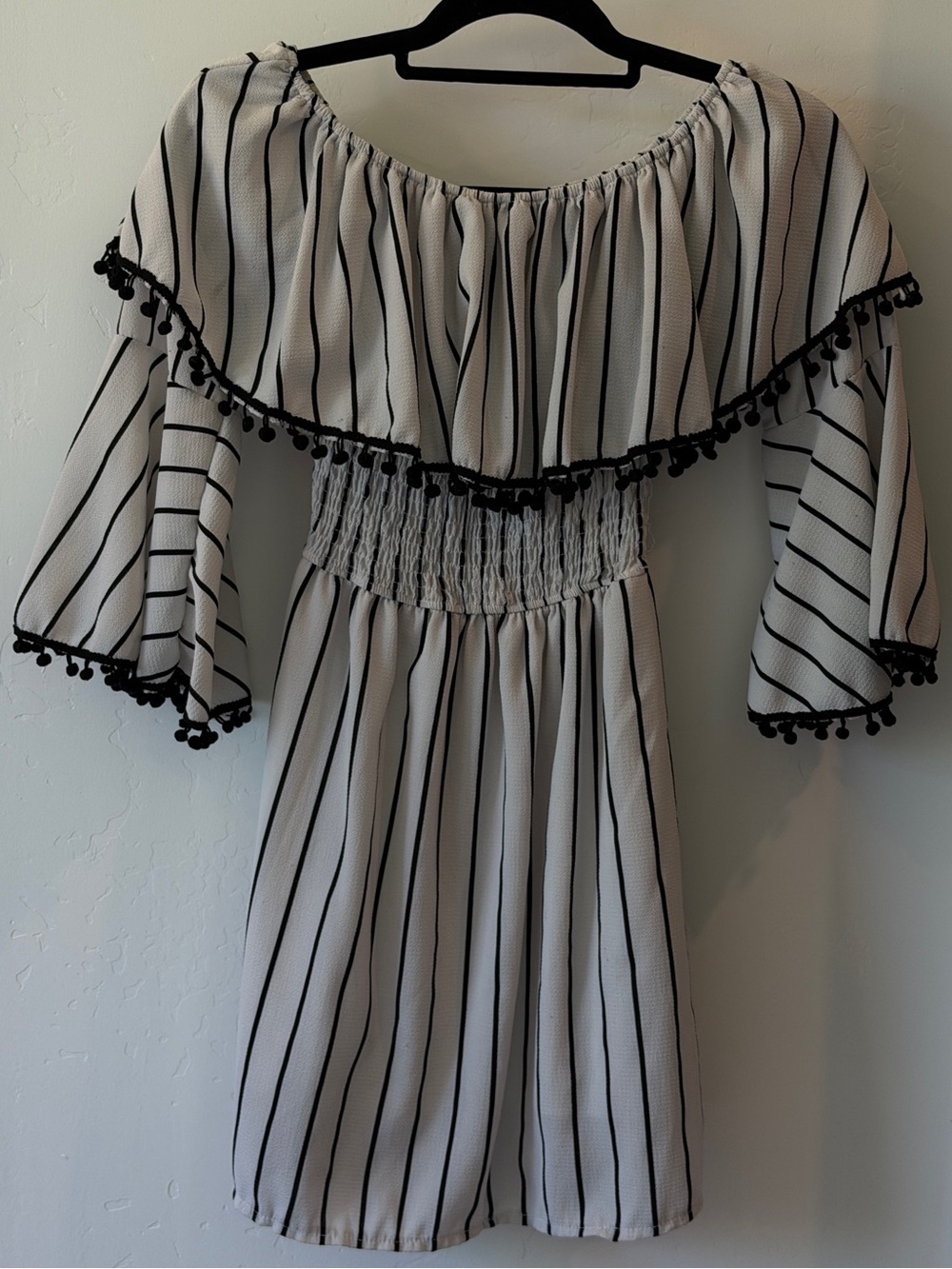 Black & White Striped Off-Shoulder Dress with Pom Trim